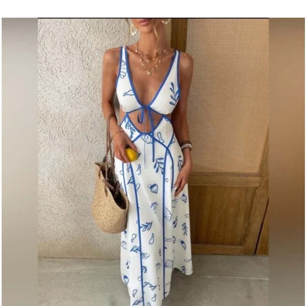 Elegant Blue and White Floral Dress